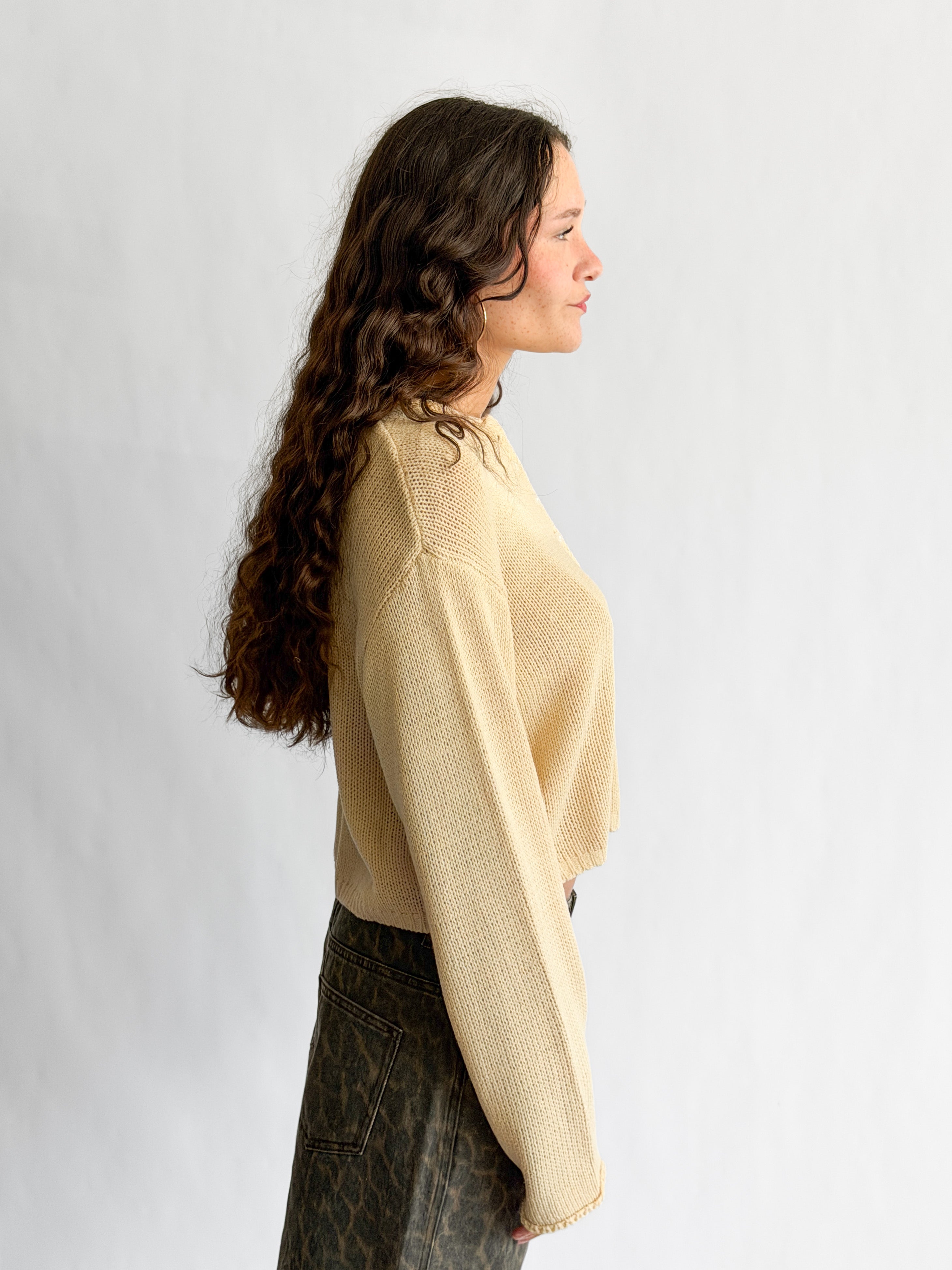 Miou Muse Wyatt Vanilla Oat Woven Knit Buttoned Cardigan