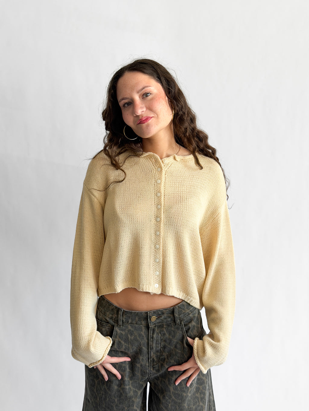 Miou Muse Wyatt Vanilla Oat Woven Knit Buttoned Cardigan