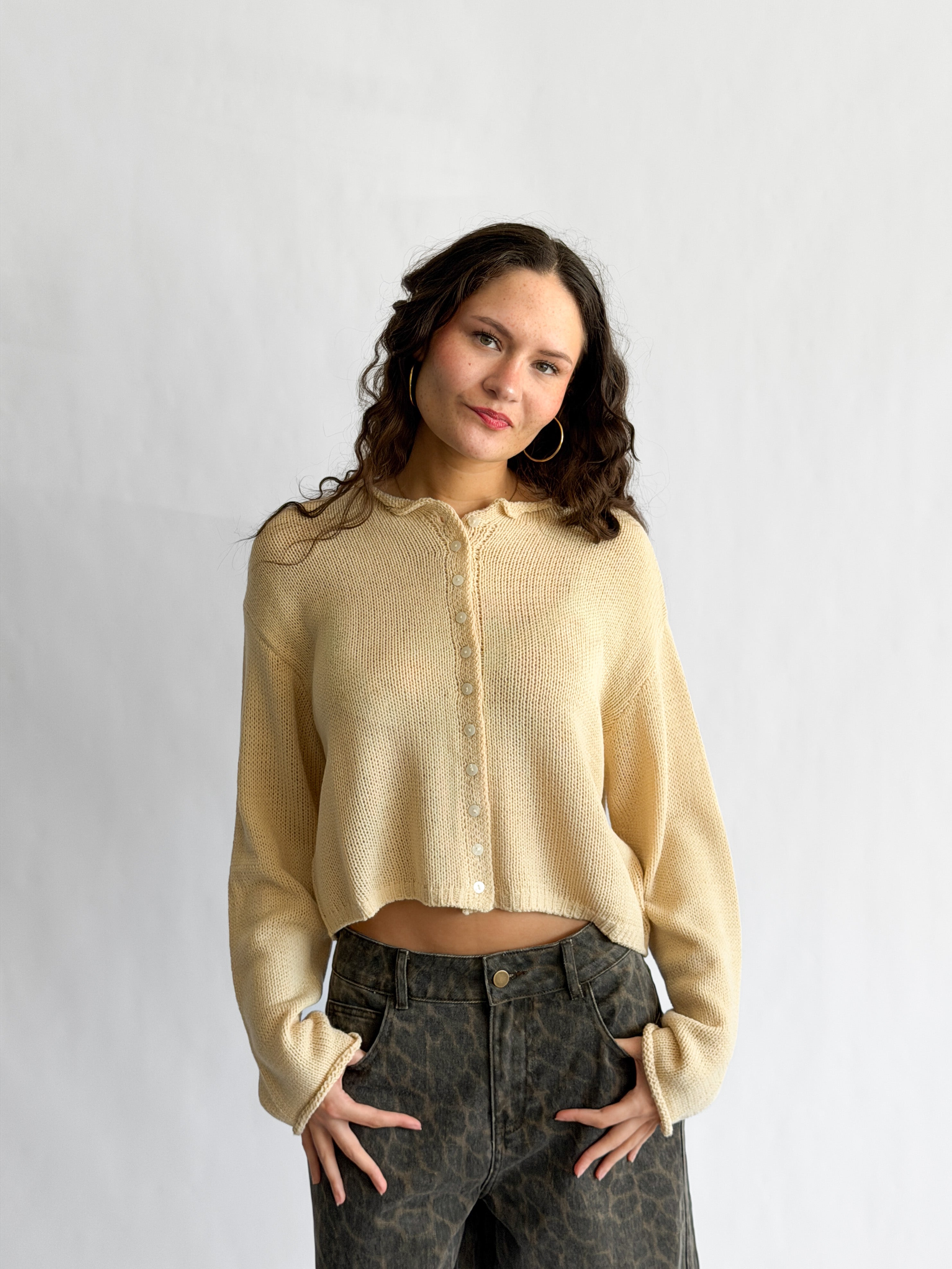 Miou Muse Wyatt Vanilla Oat Woven Knit Buttoned Cardigan