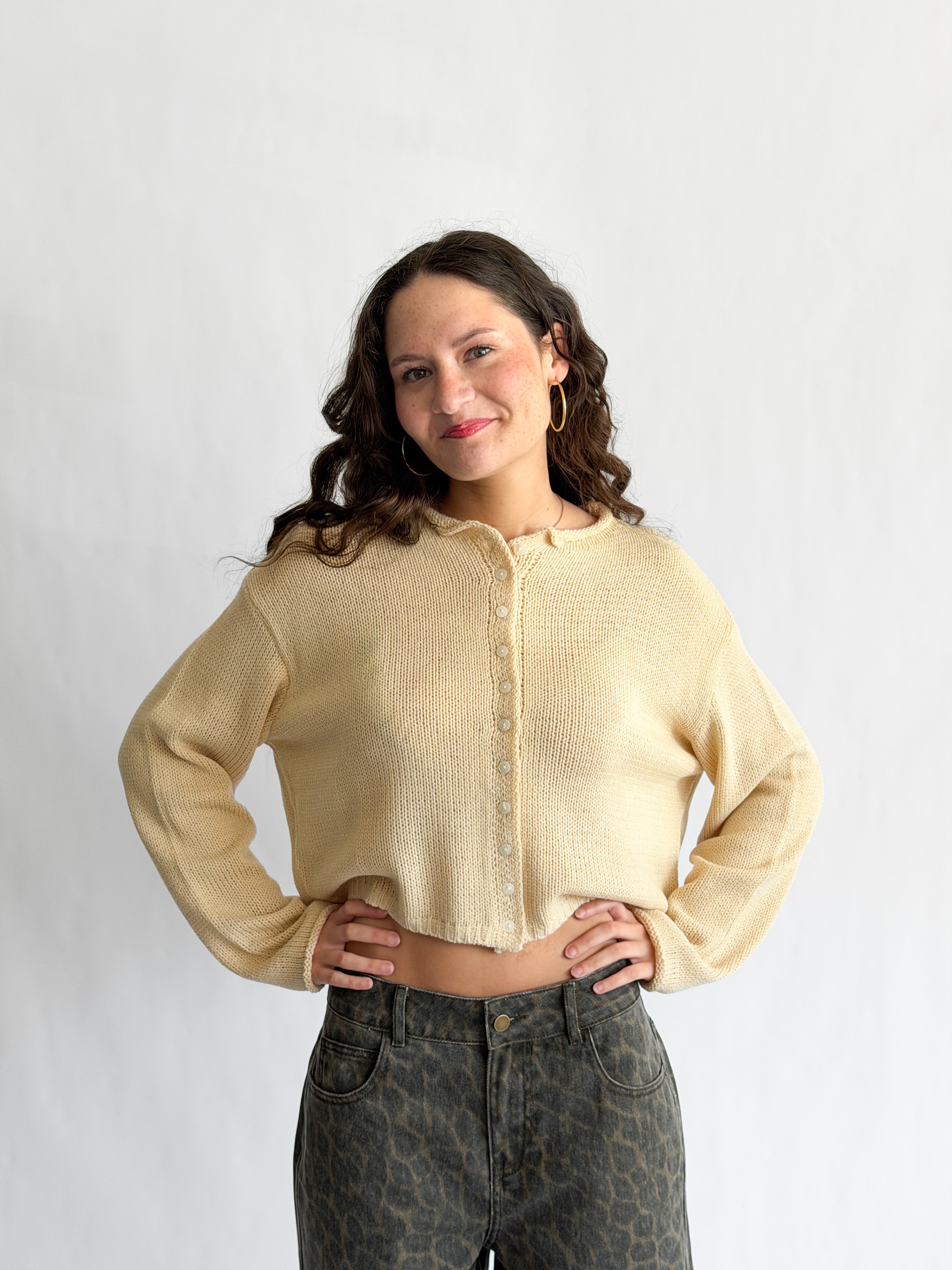 Miou Muse Wyatt Vanilla Oat Woven Knit Buttoned Cardigan