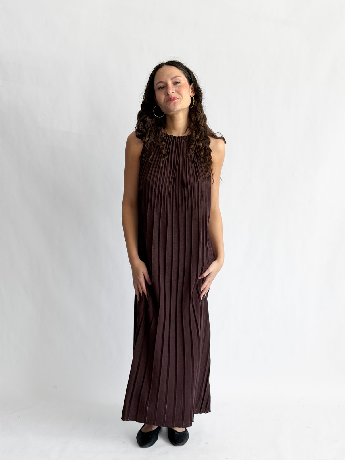pleated dress brown Lucy Paris Selene Dark Halter Midi – Momni Boutique Model is a True Material:MOP Navy Rhinestone Halter Mini tan
