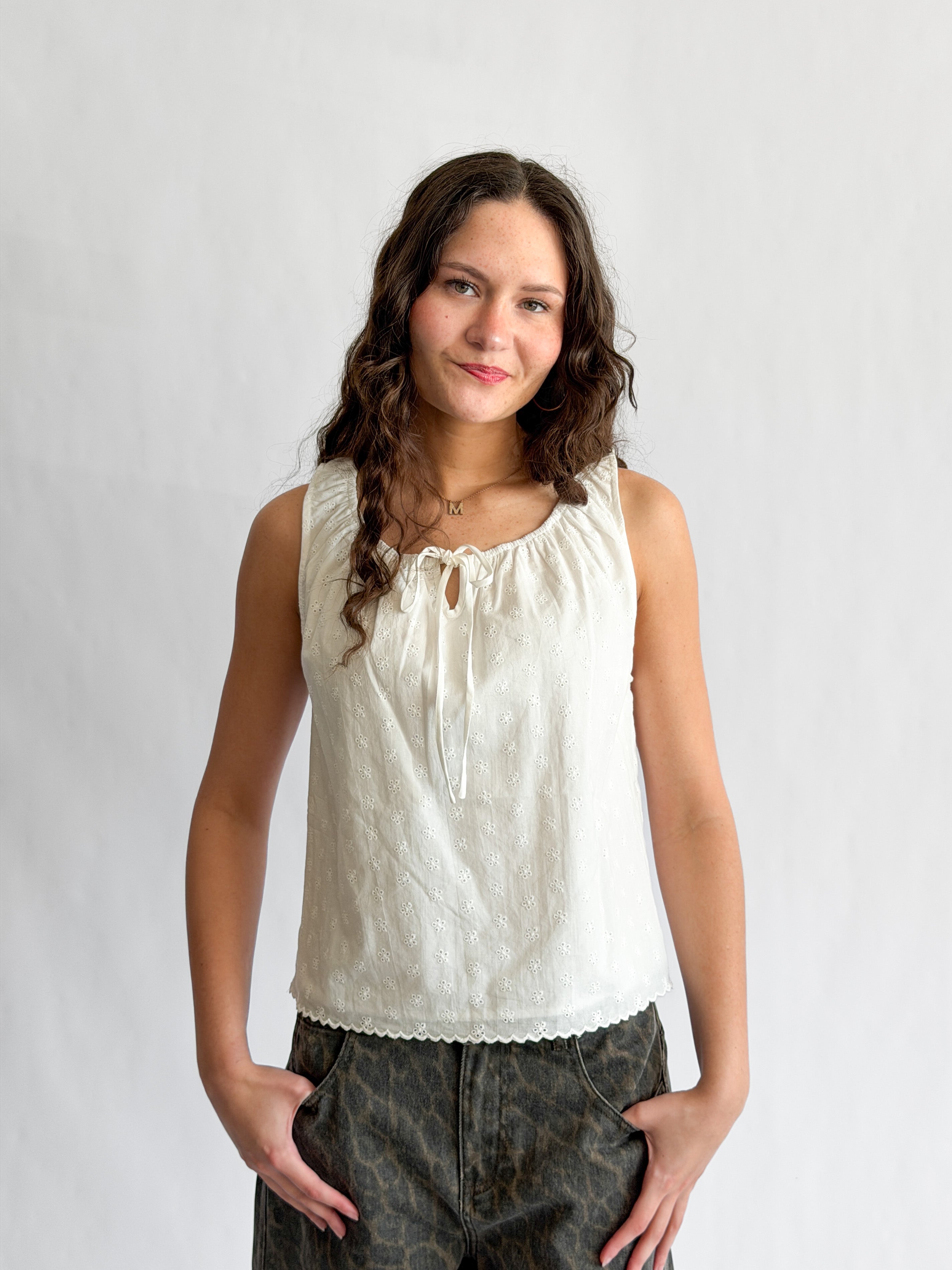 Things Between Zoey White Cotton Eyelet Babydoll Tank Top – Momni