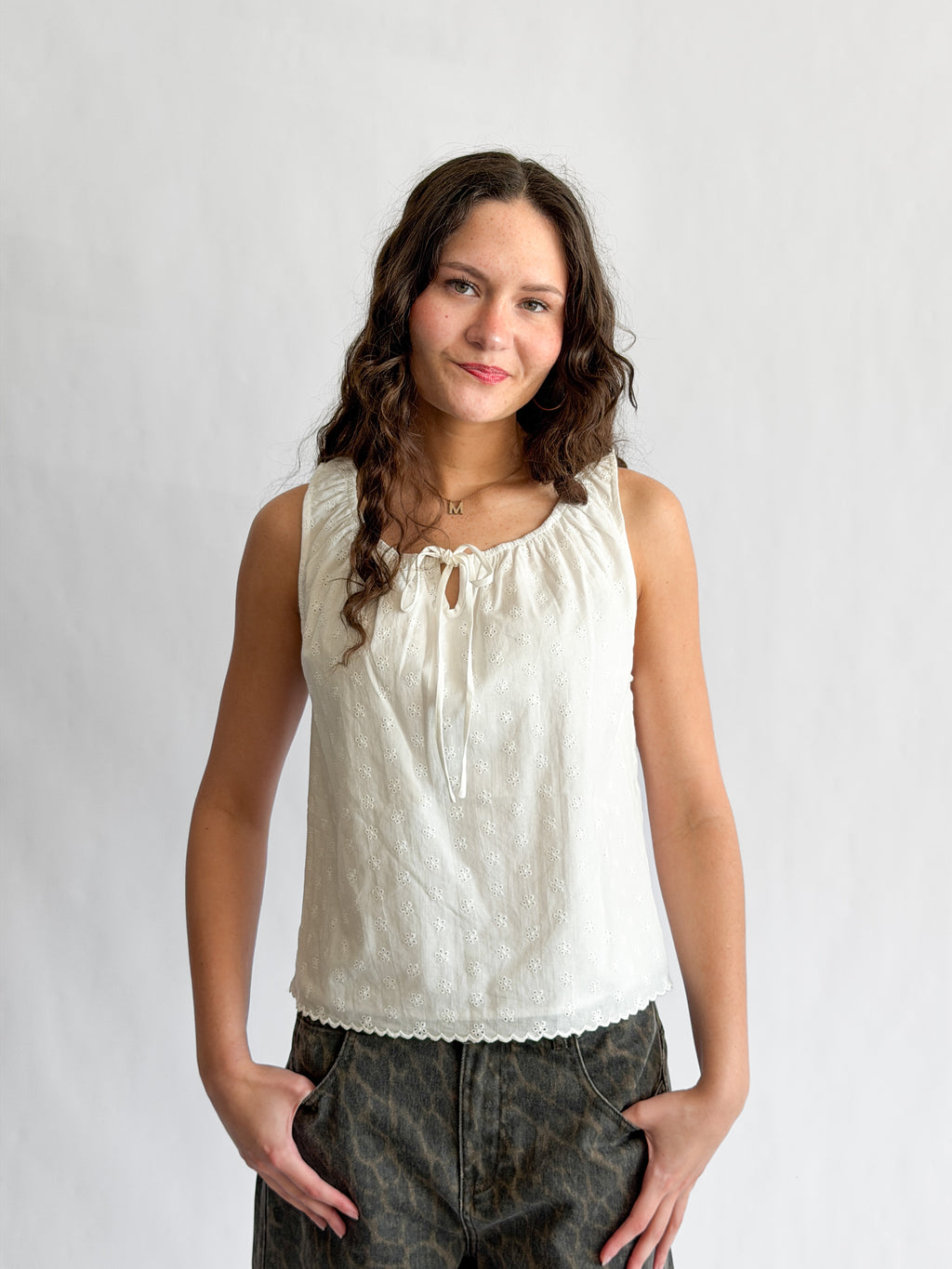 Things Between Zoey White Cotton Eyelet Babydoll Tank Top