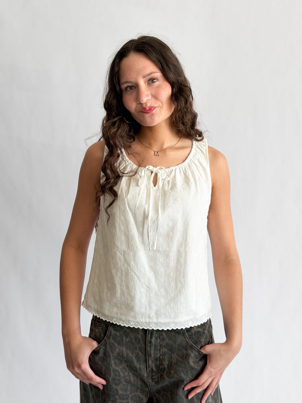Things Between Zoey White Cotton Eyelet Babydoll Tank Top