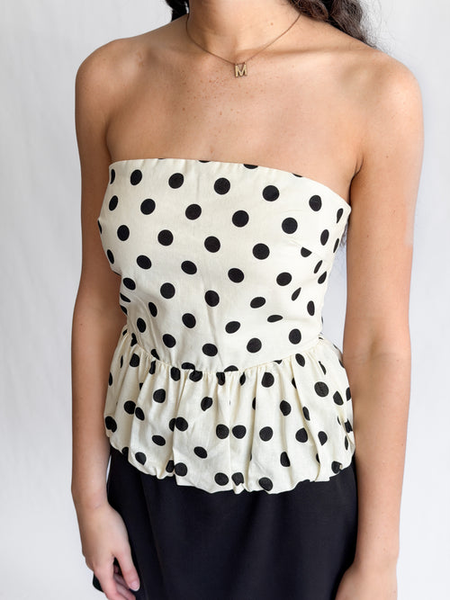Lucy Paris Ariana Polka Dot Cotton Strapless Peplum Top