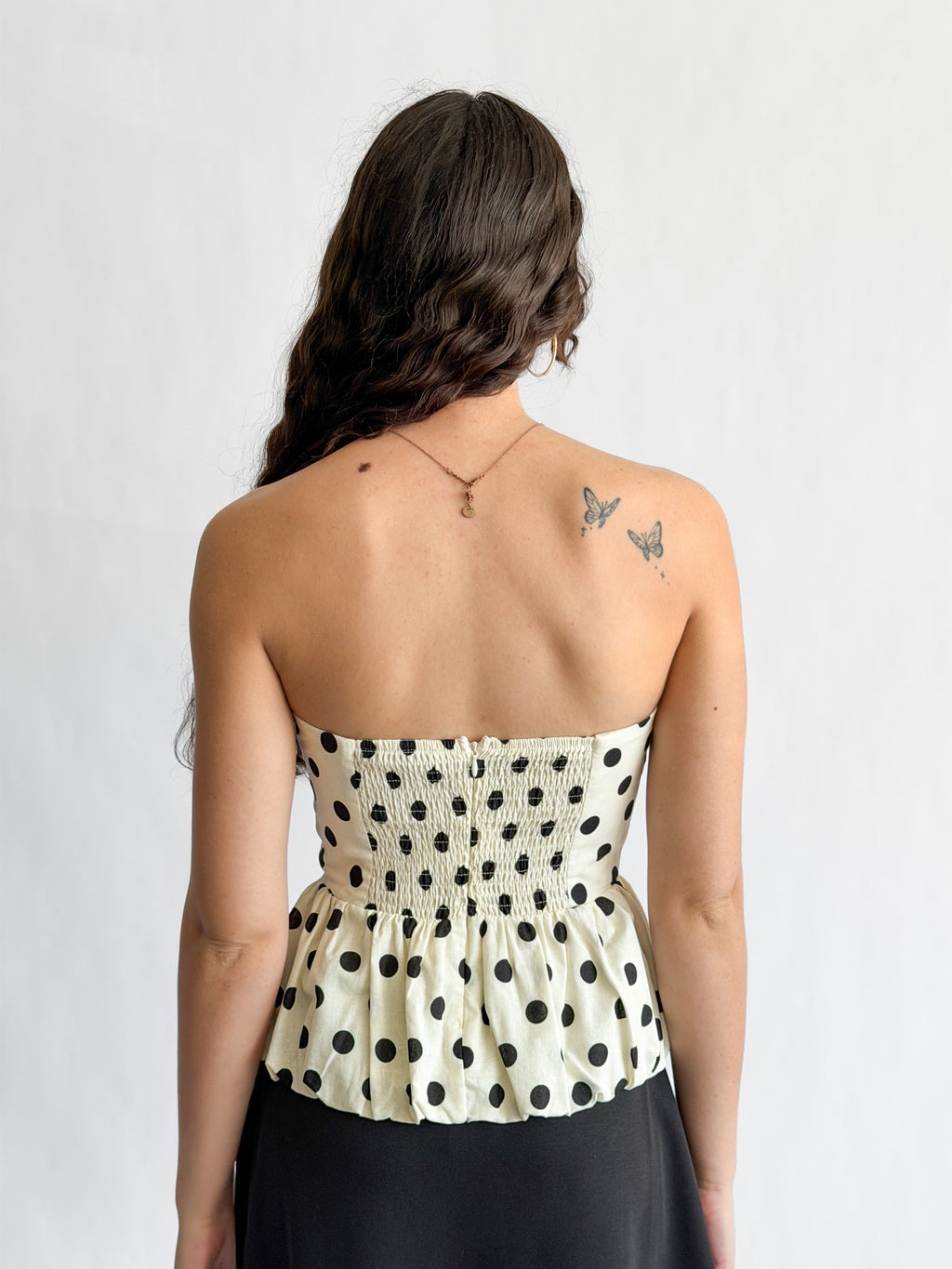 Lucy Paris Ariana Polka Dot Cotton Strapless Peplum Top