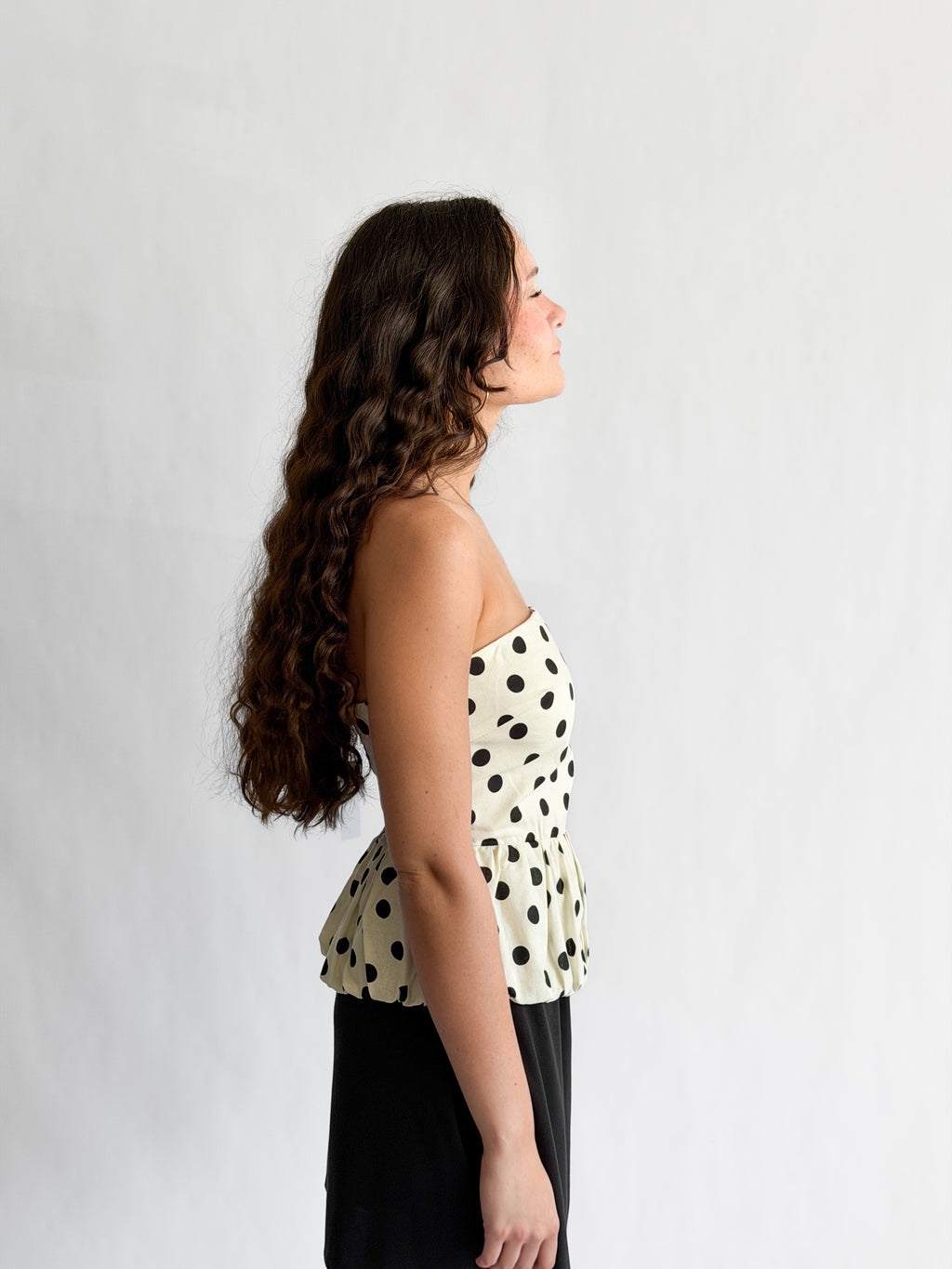 Lucy Paris Ariana Polka Dot Cotton Strapless Peplum Top