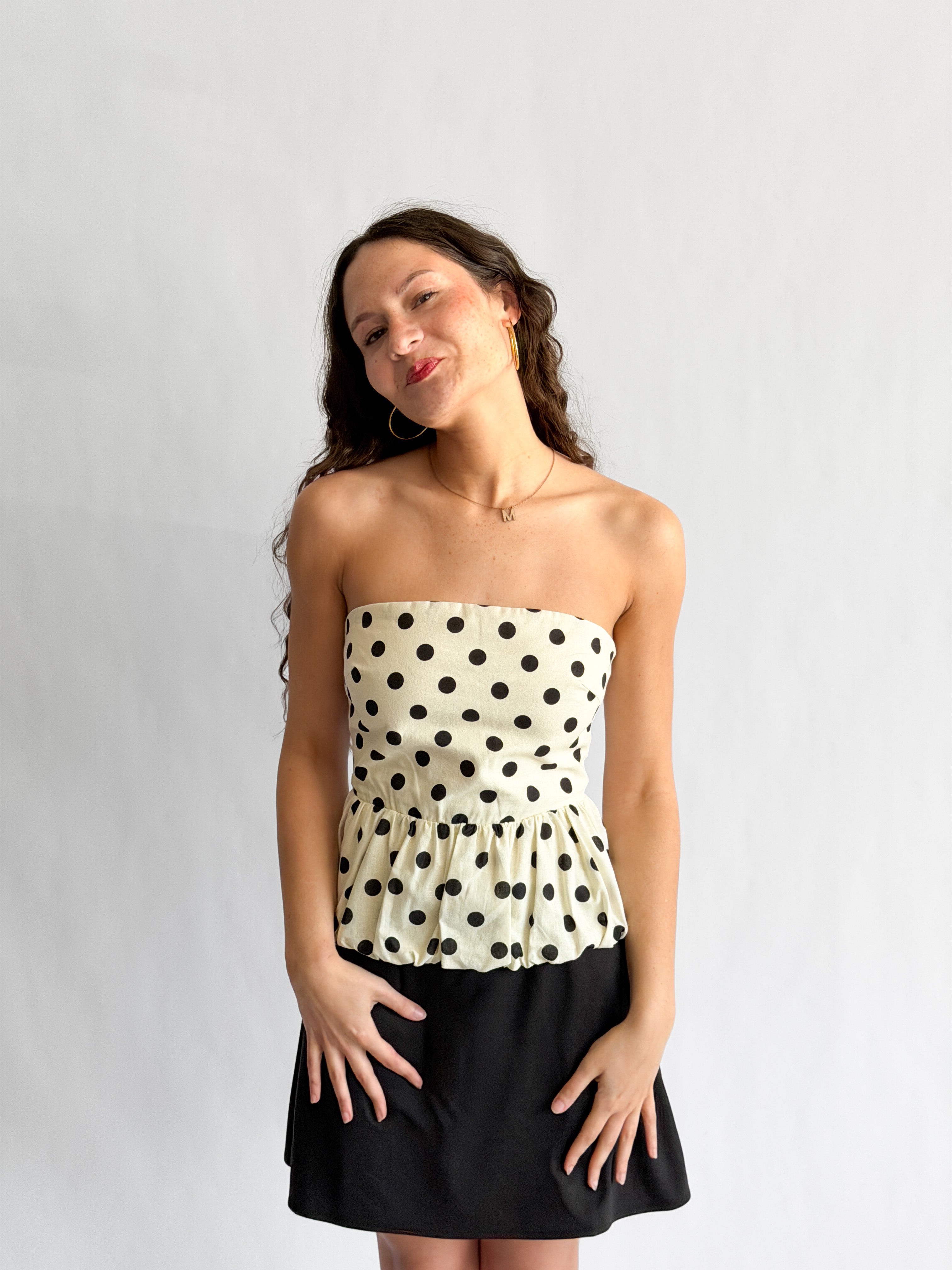 Lucy Paris Ariana Polka Dot Cotton Strapless Peplum Top