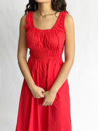 PINCH Amy Red Cotton Poplin Shirred Midi Dress