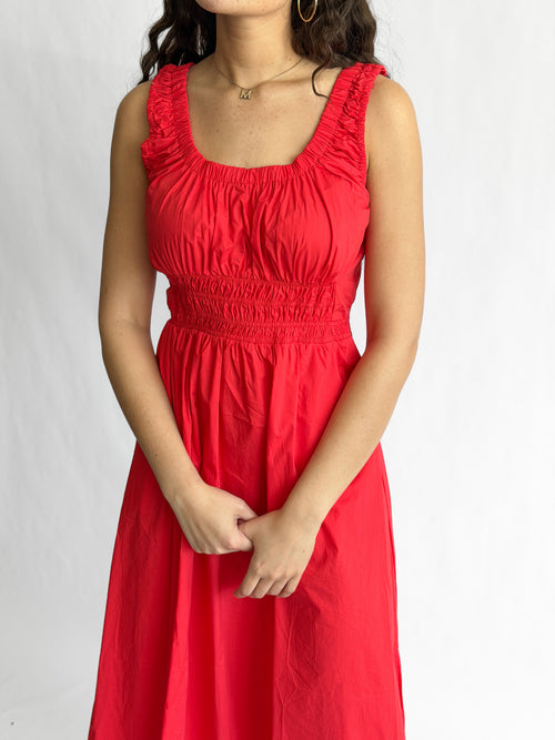 PINCH Amy Red Cotton Poplin Shirred Midi Dress