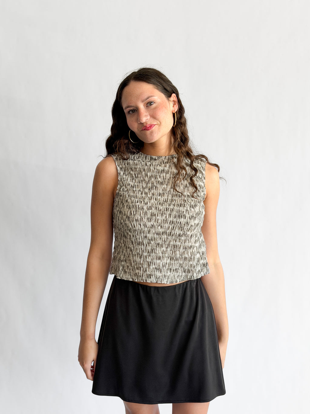 Miou Muse Luna Grey Multicolor Shirred Tank Top