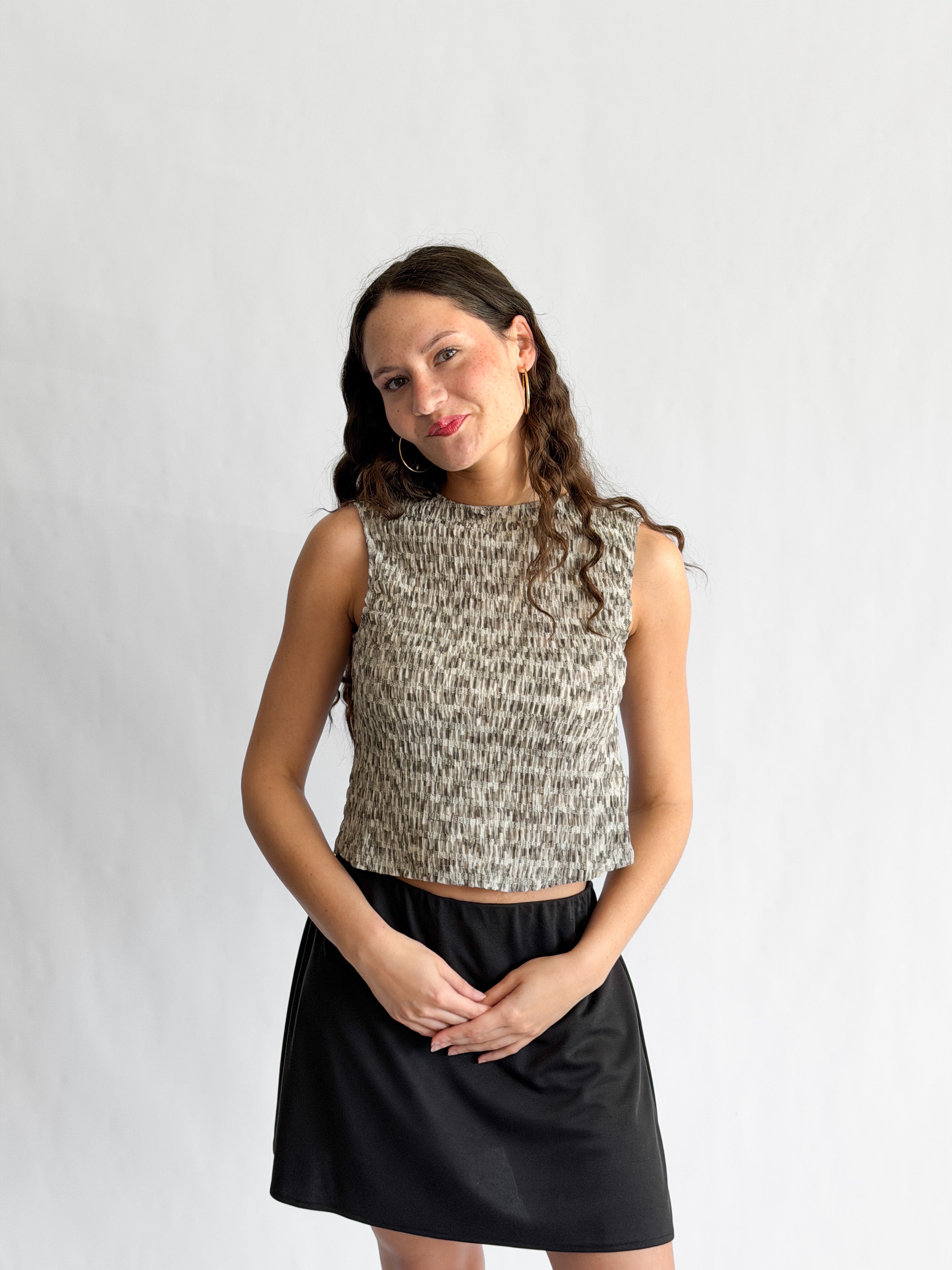 Miou Muse Luna Grey Multicolor Shirred Tank Top