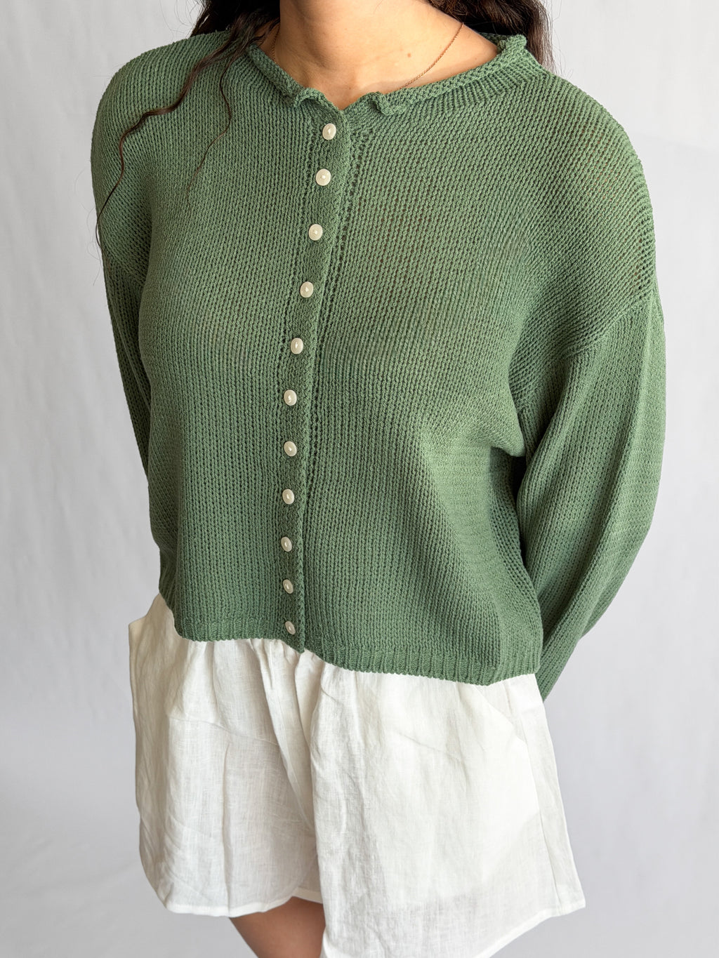 Miou Muse Wyatt Ivy Green Woven Knit Buttoned Cardigan