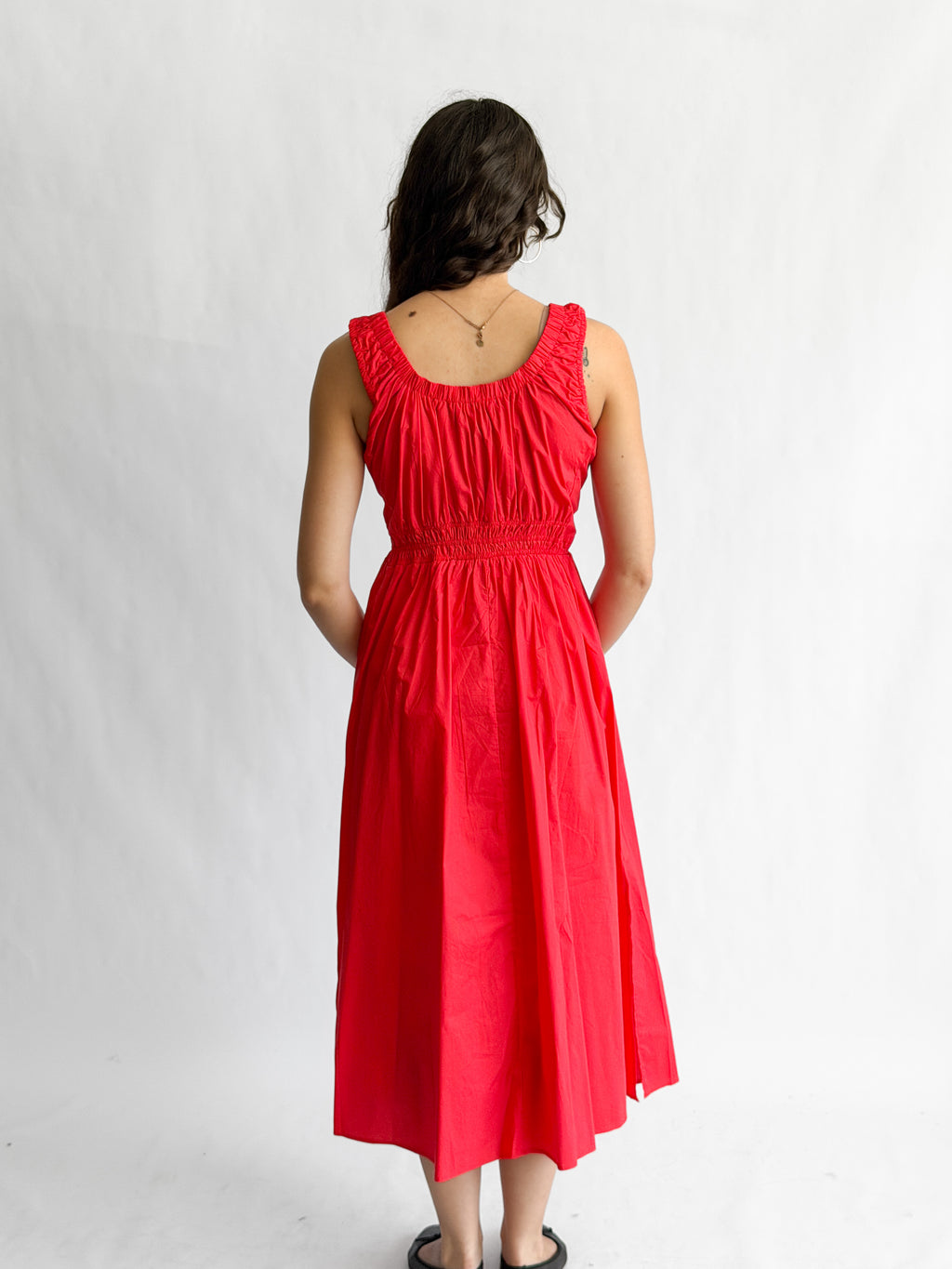 PINCH Amy Red Cotton Poplin Shirred Midi Dress
