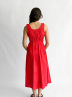 PINCH Amy Red Cotton Poplin Shirred Midi Dress