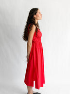 PINCH Amy Red Cotton Poplin Shirred Midi Dress