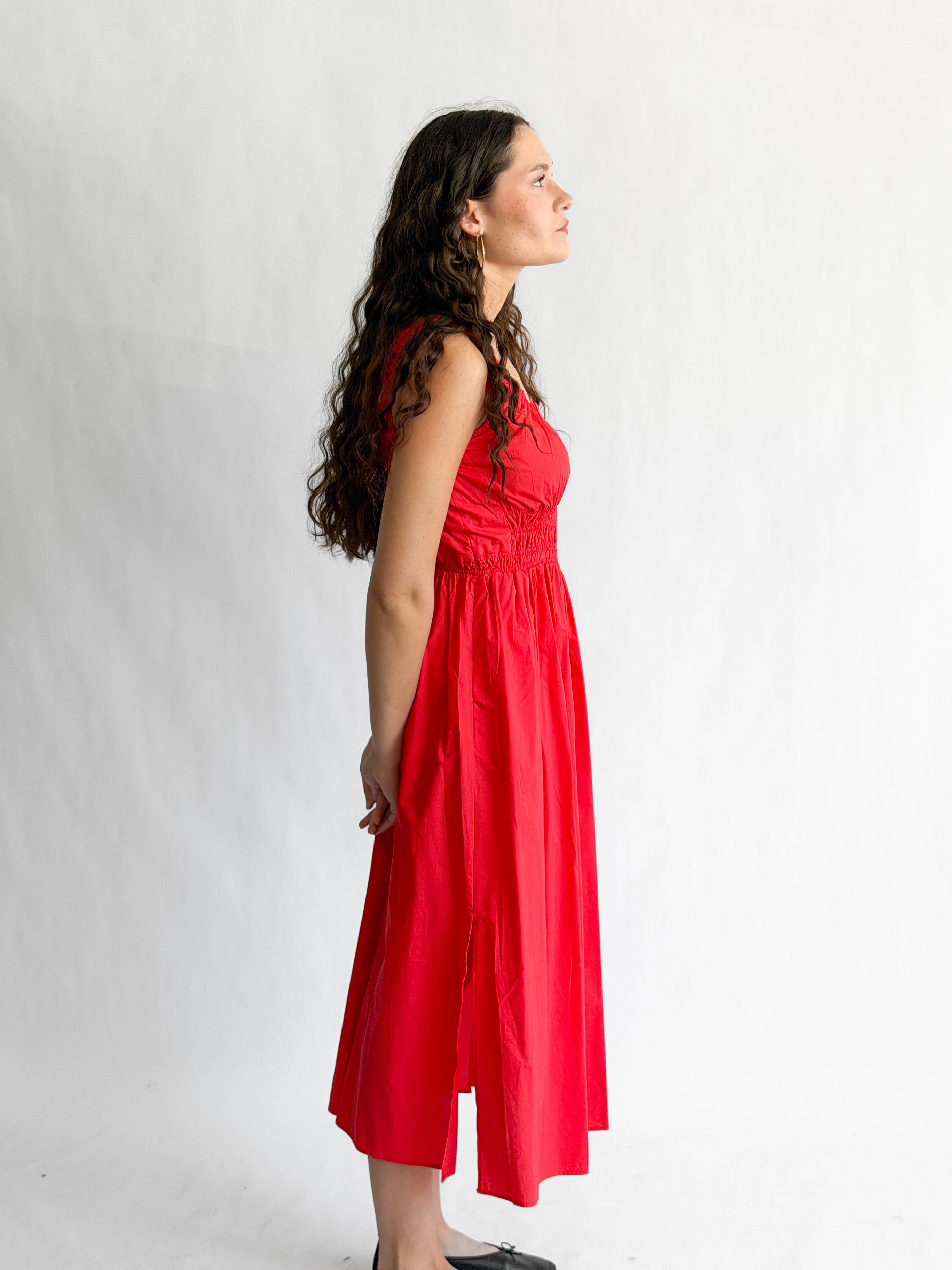 PINCH Amy Red Cotton Poplin Shirred Midi Dress