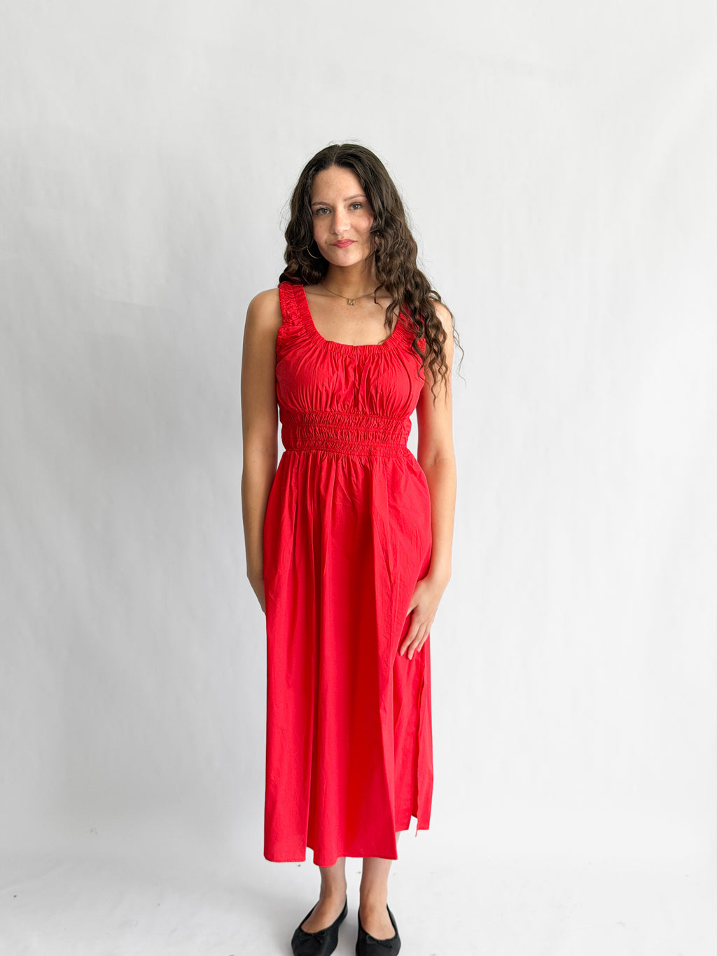 PINCH Amy Red Cotton Poplin Shirred Midi Dress