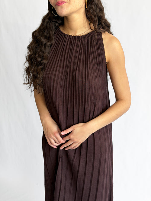 Lucy Paris Selene Dark Brown Pleated Halter Midi Dress