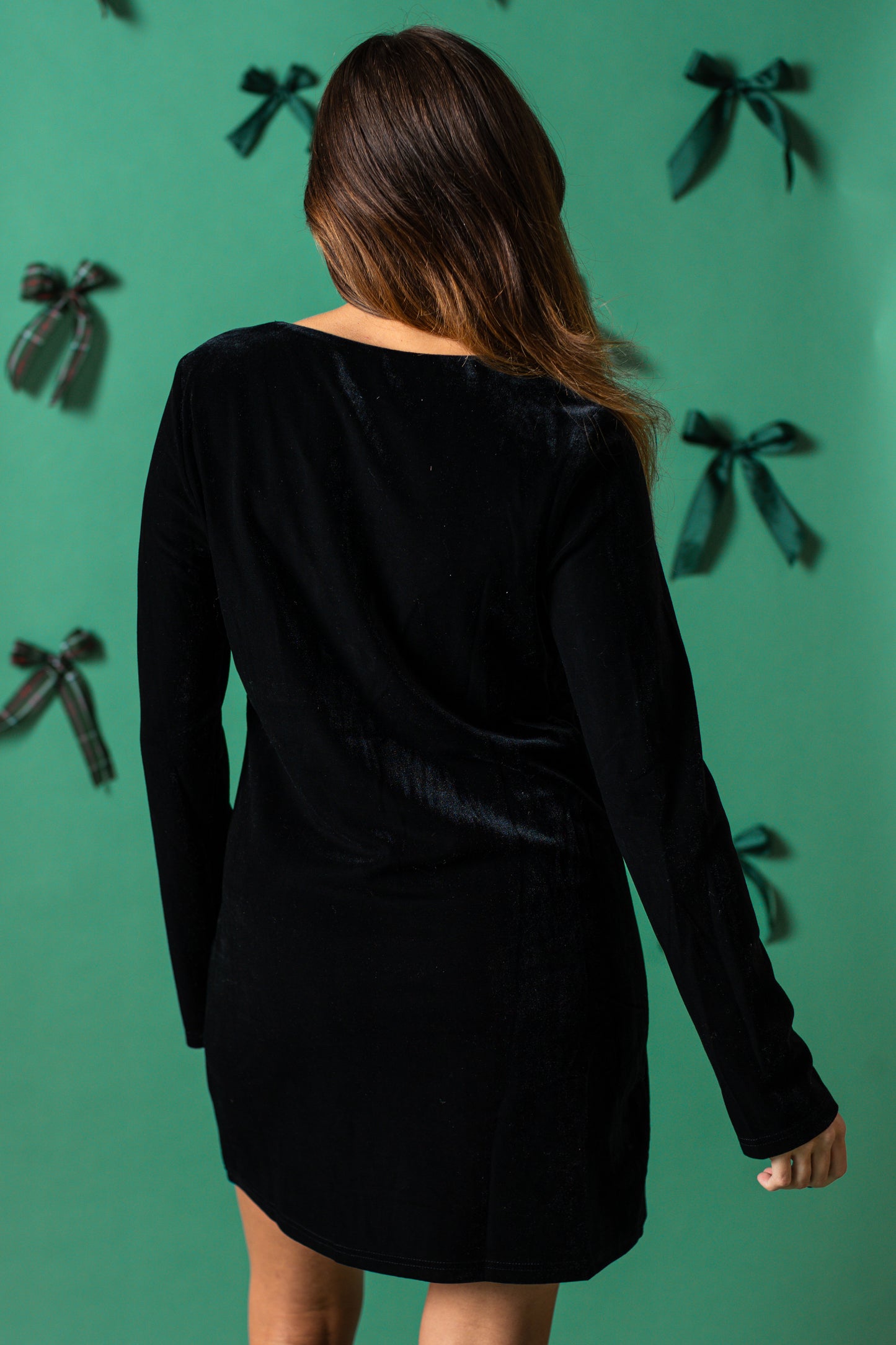 Lucy Paris Izumi Black Velvet Rhinestone Bow Mini Dress