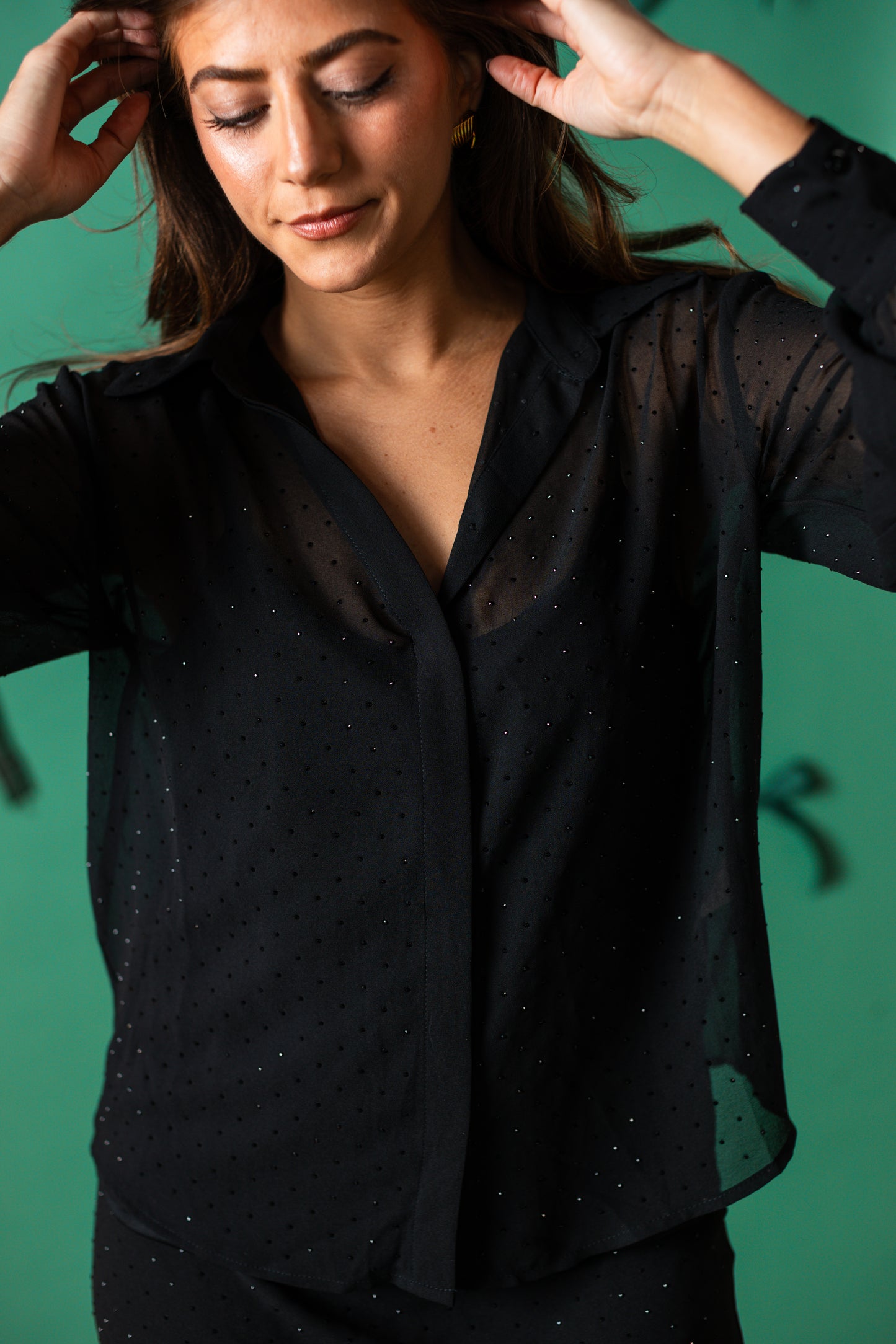 Lucy Paris Carla Rhinestone Black Sheer Button Down Top