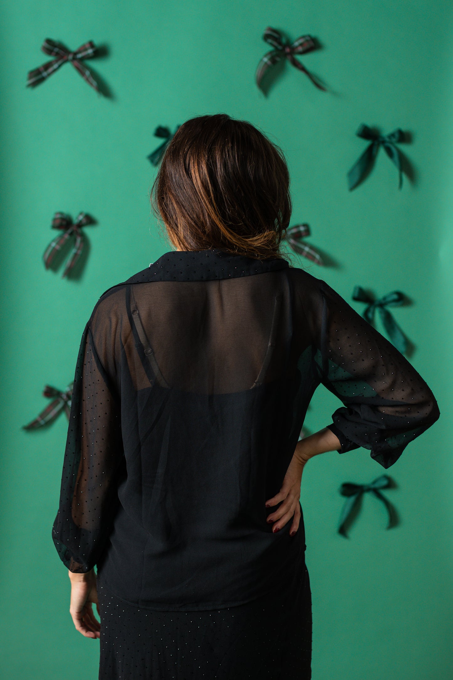 Lucy Paris Carla Rhinestone Black Sheer Button Down Top