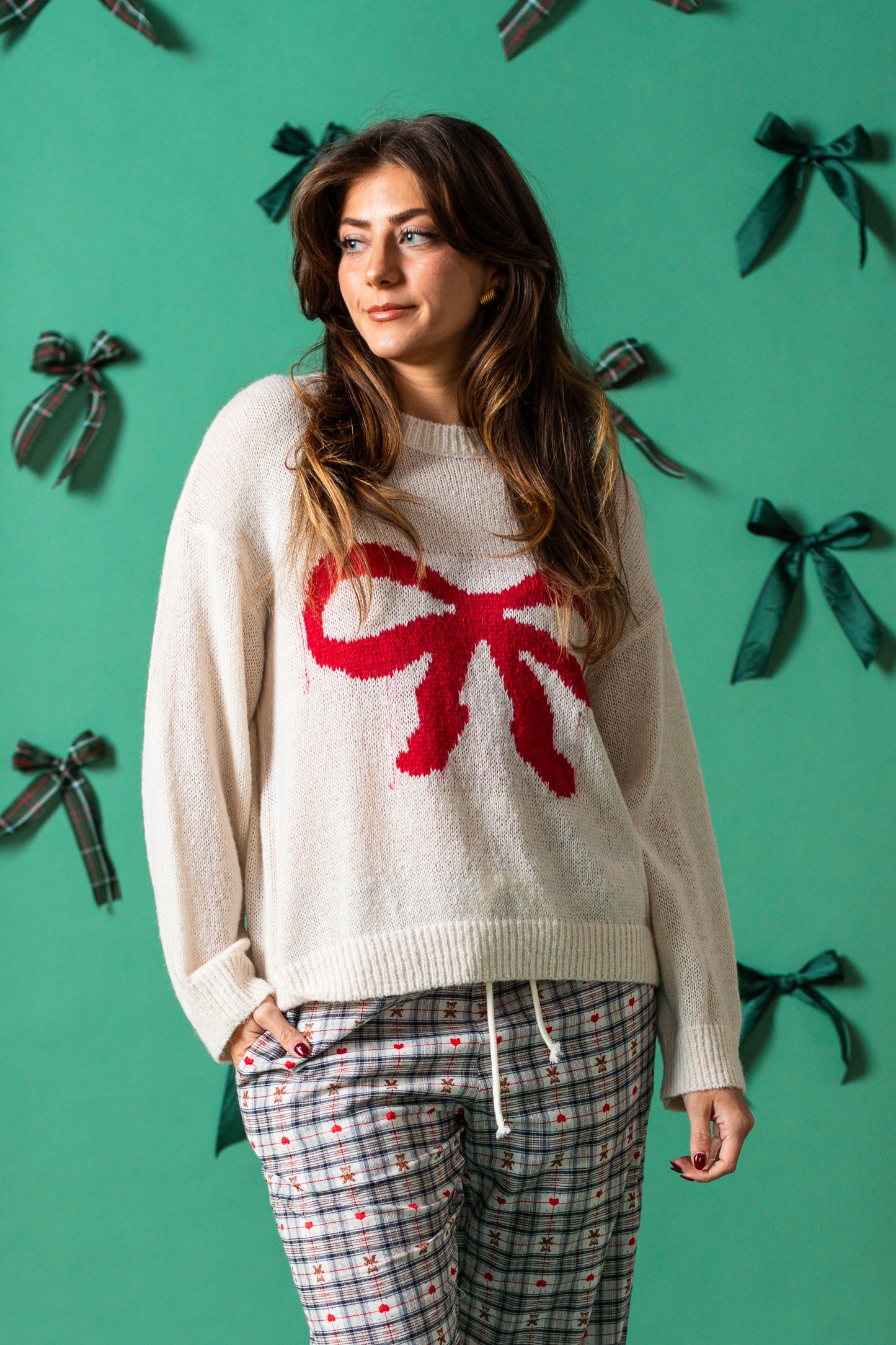 Needii Nova Red Bow Print Knit Pullover Sweater