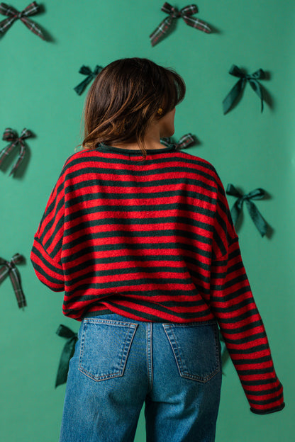 Things Between Piper Knit Rolled Hem Button Cardigan (Green/Red Stripe)