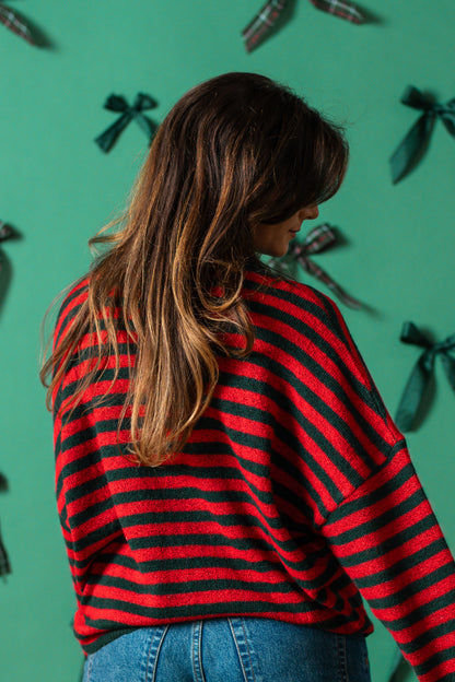 Things Between Piper Knit Rolled Hem Button Cardigan (Green/Red Stripe)