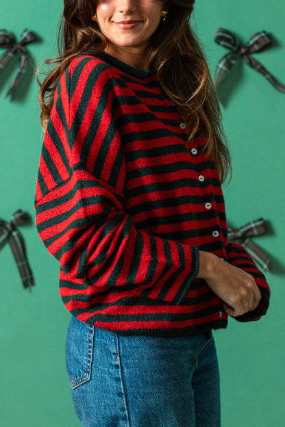 Things Between Piper Knit Rolled Hem Button Cardigan (Green/Red Stripe)