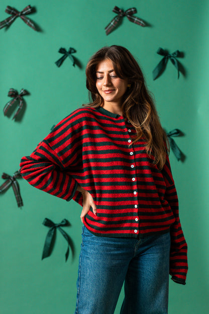 Things Between Piper Knit Rolled Hem Button Cardigan (Green/Red Stripe)