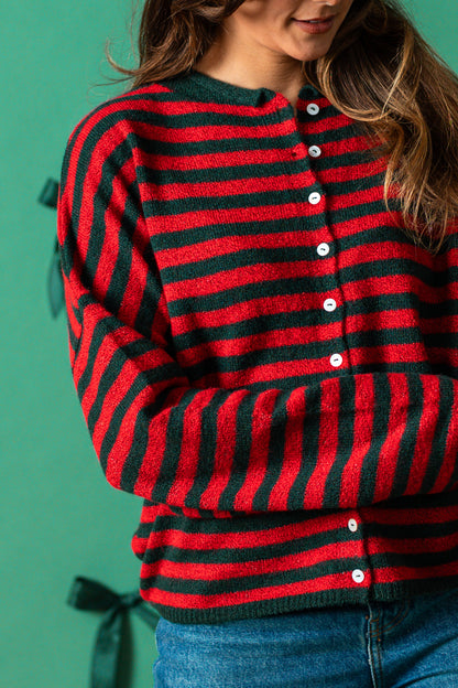 Things Between Piper Knit Rolled Hem Button Cardigan (Green/Red Stripe)