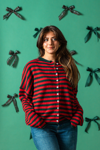Things Between Piper Knit Rolled Hem Button Cardigan (Green/Red Stripe)