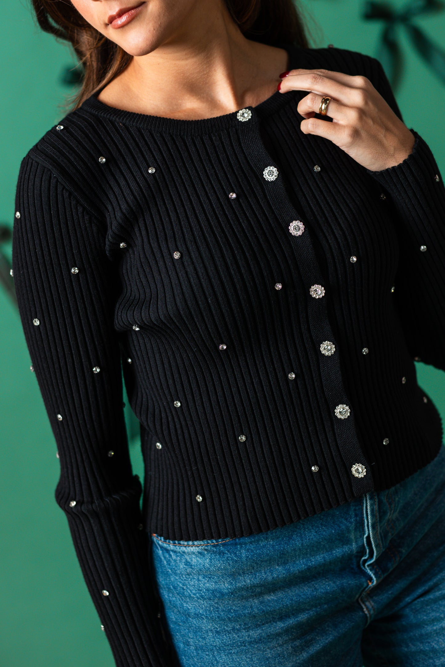 Lucy Paris Mauricia Black Rhinestone Ribbed Knit Top