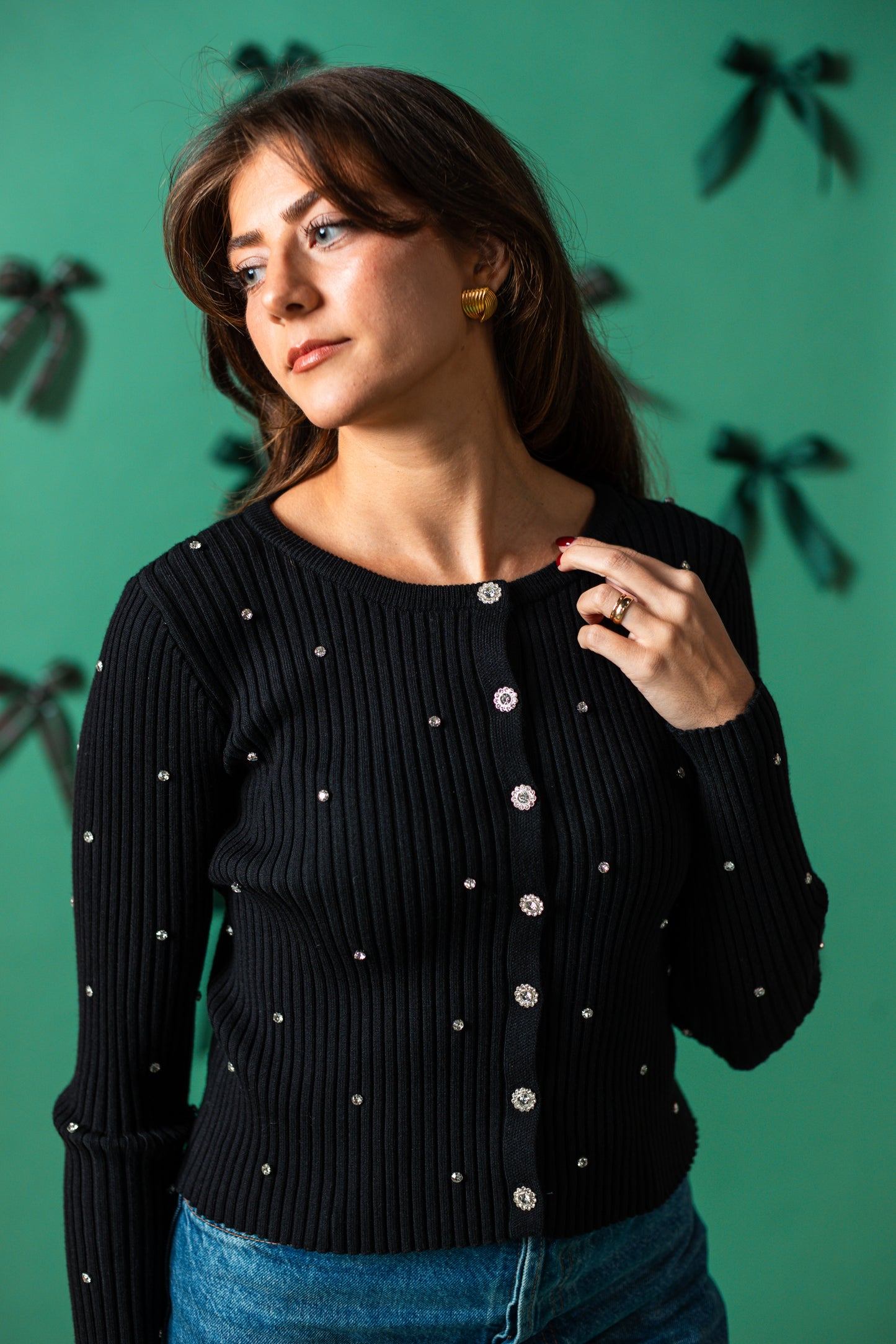 Lucy Paris Mauricia Black Rhinestone Ribbed Knit Top
