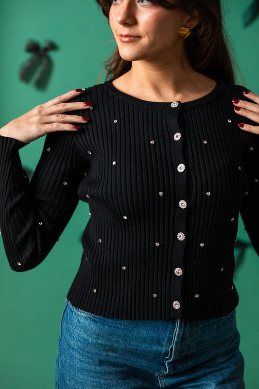 Lucy Paris Mauricia Black Rhinestone Ribbed Knit Top