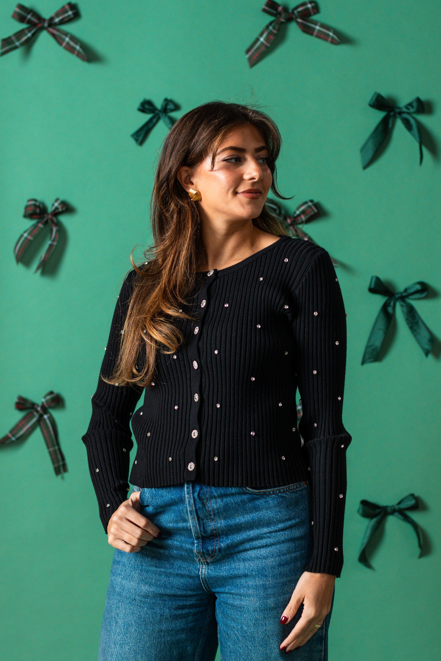 Lucy Paris Mauricia Black Rhinestone Ribbed Knit Top