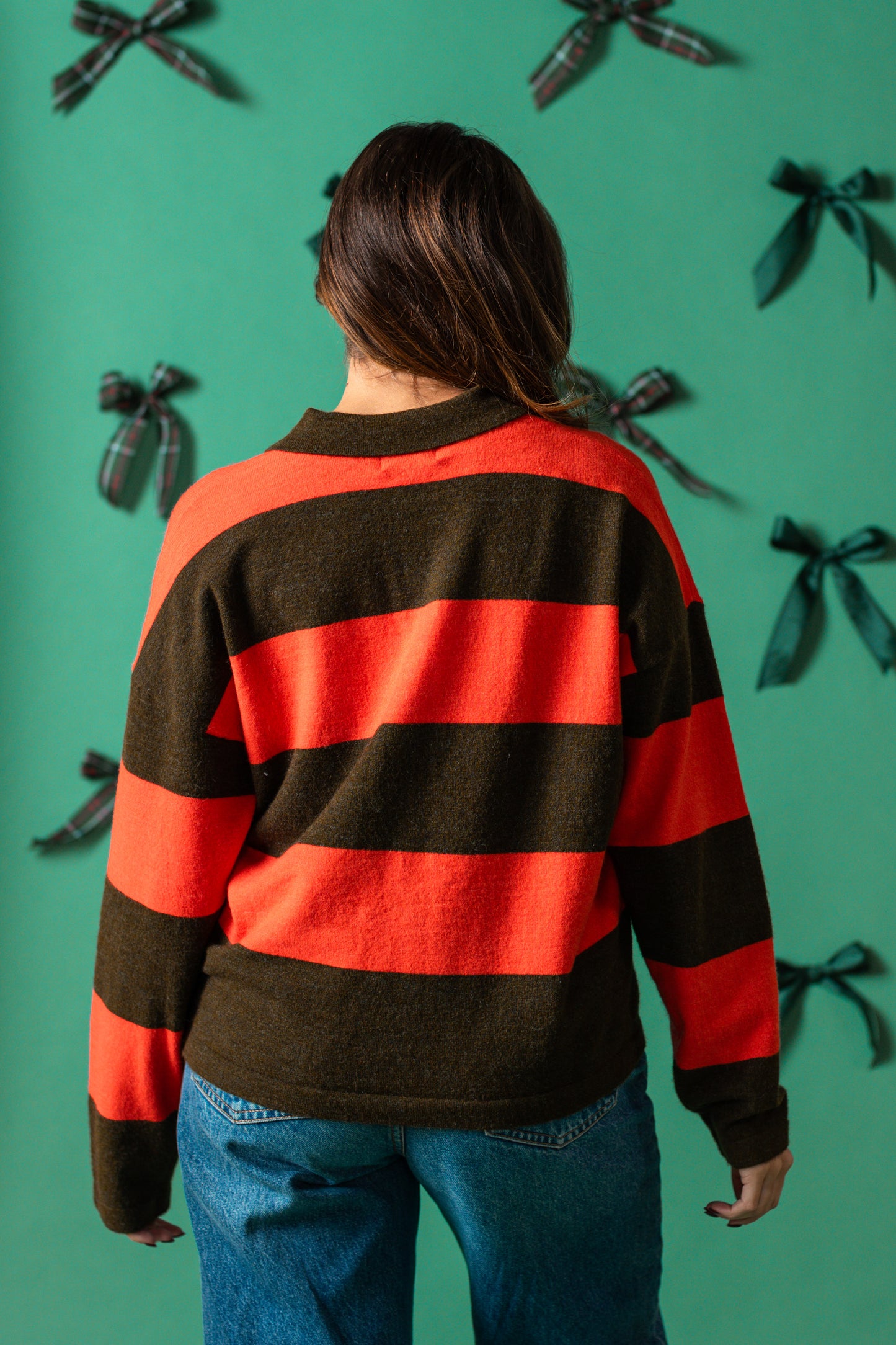 FRNCH Akiko Red and Green Stripe Polo Sweater Top