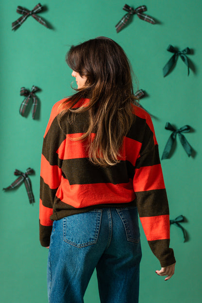 FRNCH Akiko Red and Green Stripe Polo Sweater Top