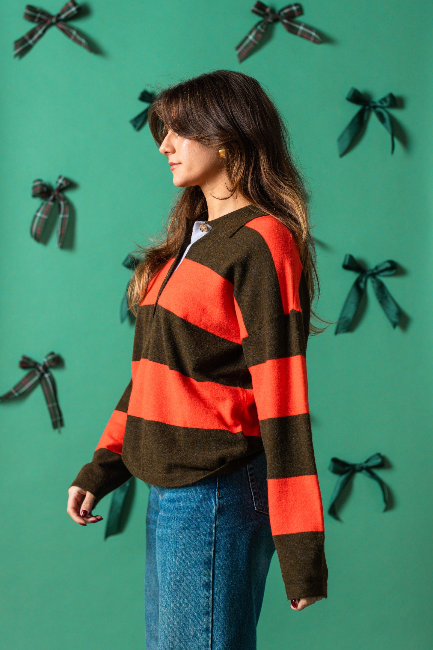 FRNCH Akiko Red and Green Stripe Polo Sweater Top
