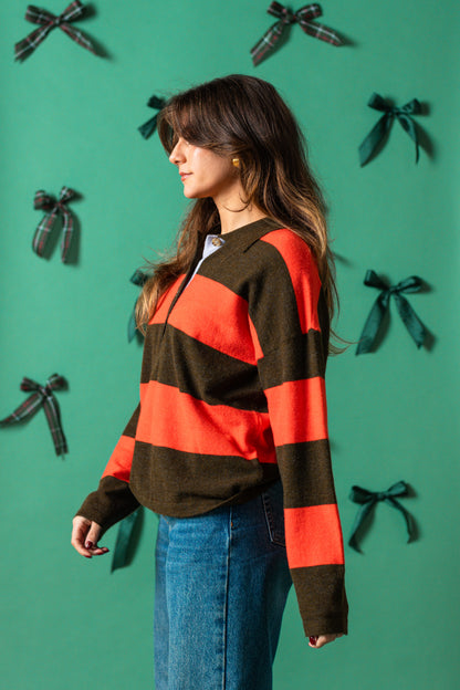 FRNCH Akiko Red and Green Stripe Polo Sweater Top