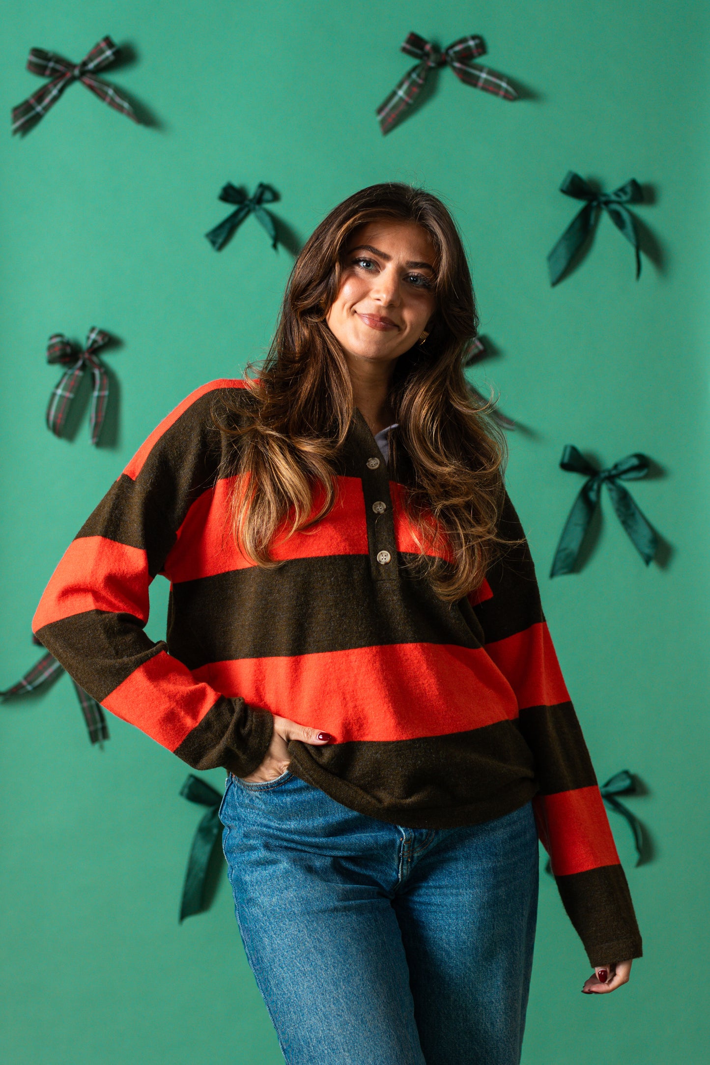 FRNCH Akiko Red and Green Stripe Polo Sweater Top