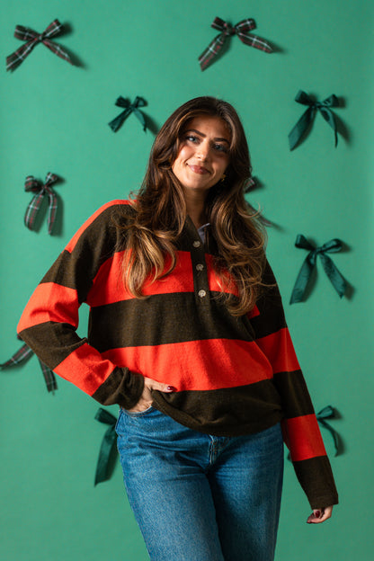 FRNCH Akiko Red and Green Stripe Polo Sweater Top