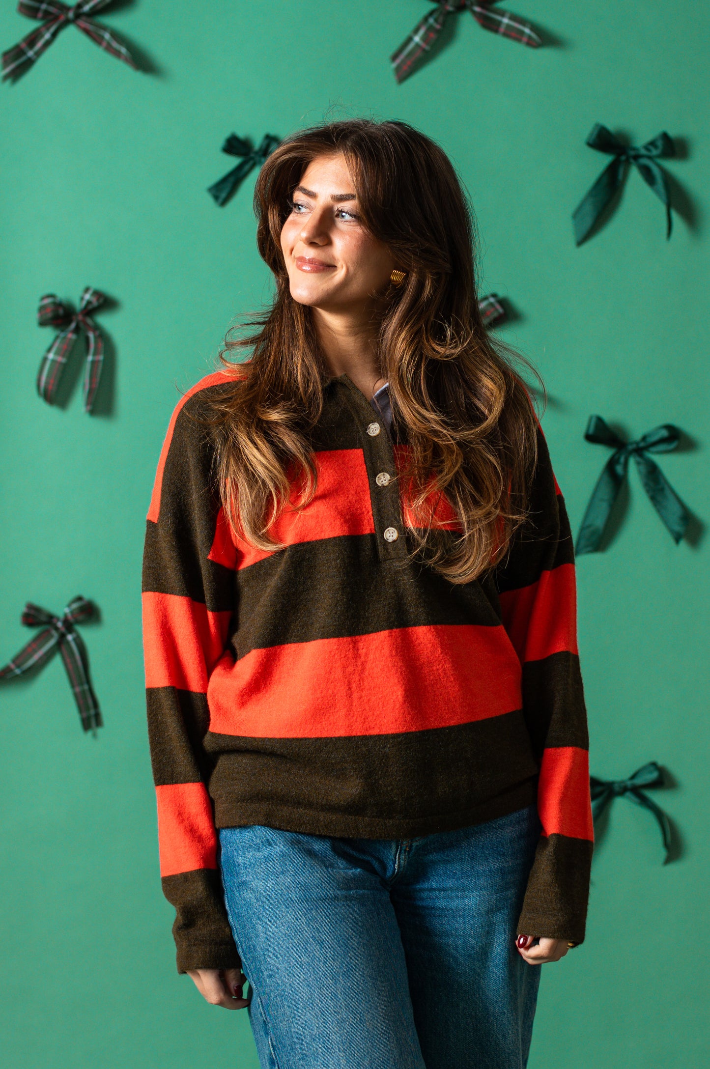 FRNCH Akiko Red and Green Stripe Polo Sweater Top