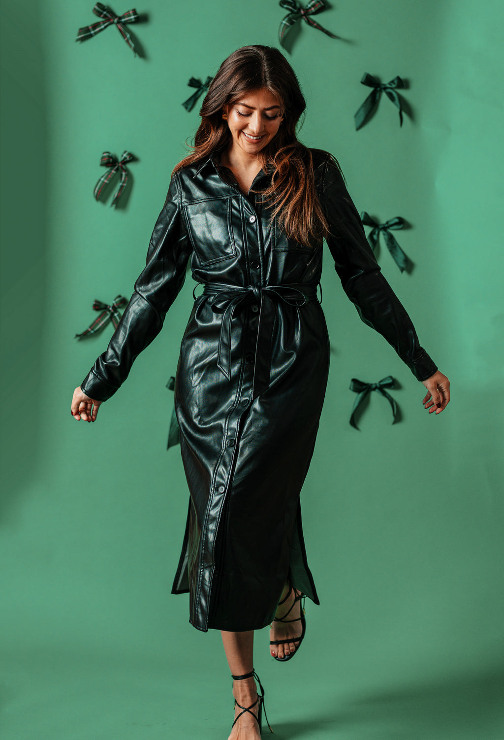 Lucy Paris Gellar Black Faux Leather Buttoned Midi Dress