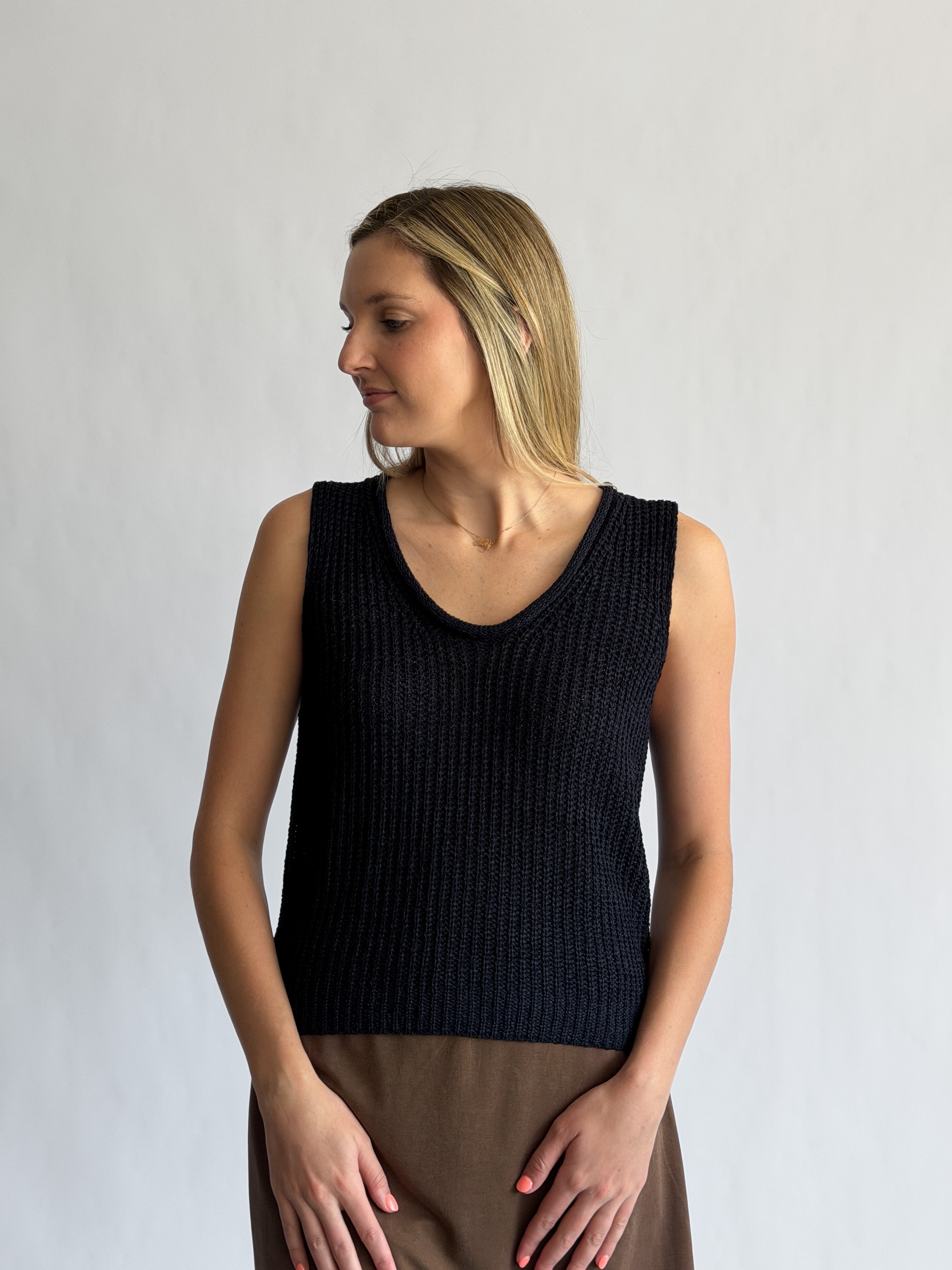 Elle Grey Iris Navy Woven Knit Sleeveless Top