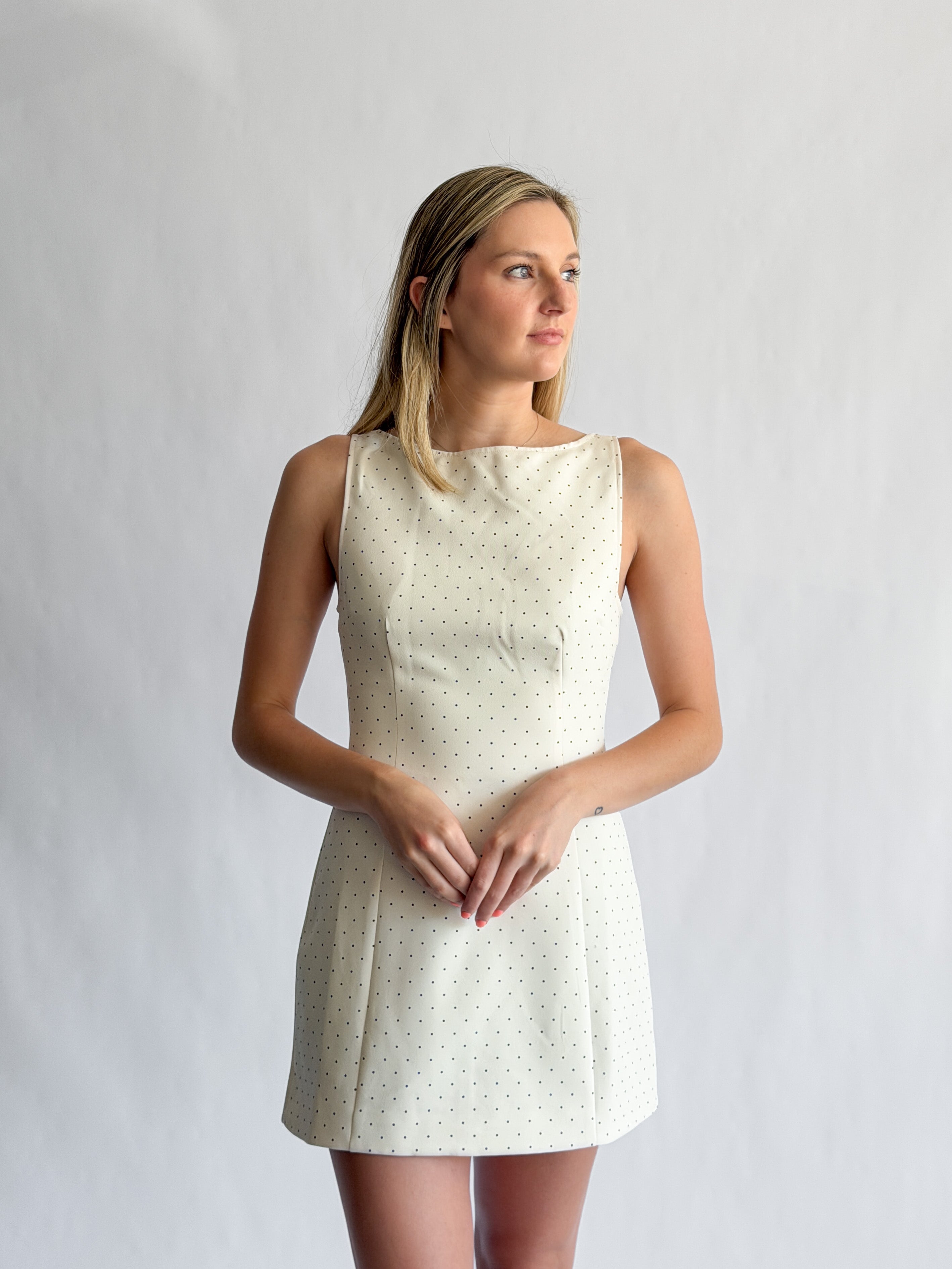 Sofie the Label Kiara Cream and Black Polka Dot High Neck Mini Dress