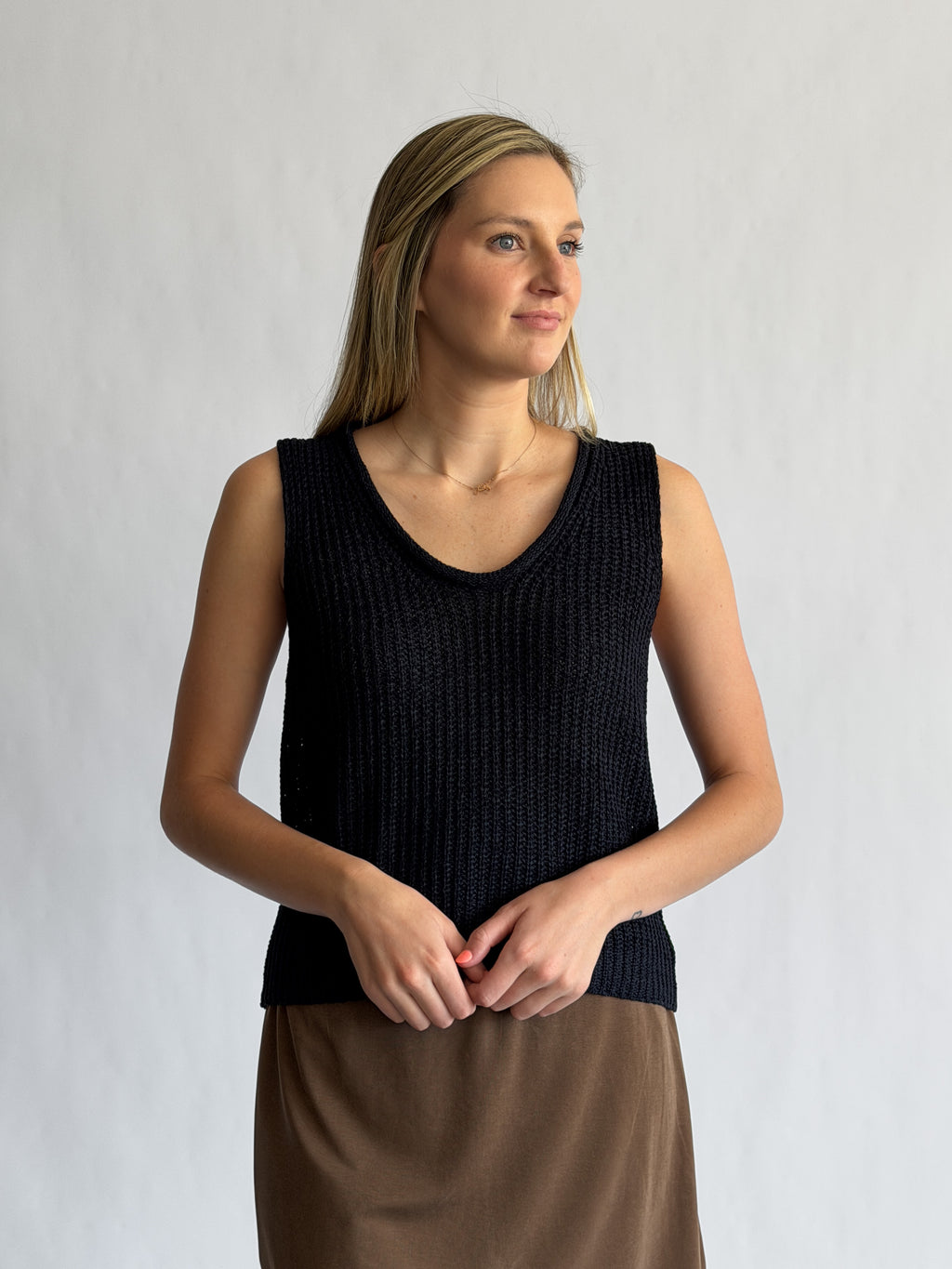 Elle Grey Iris Navy Woven Knit Sleeveless Top
