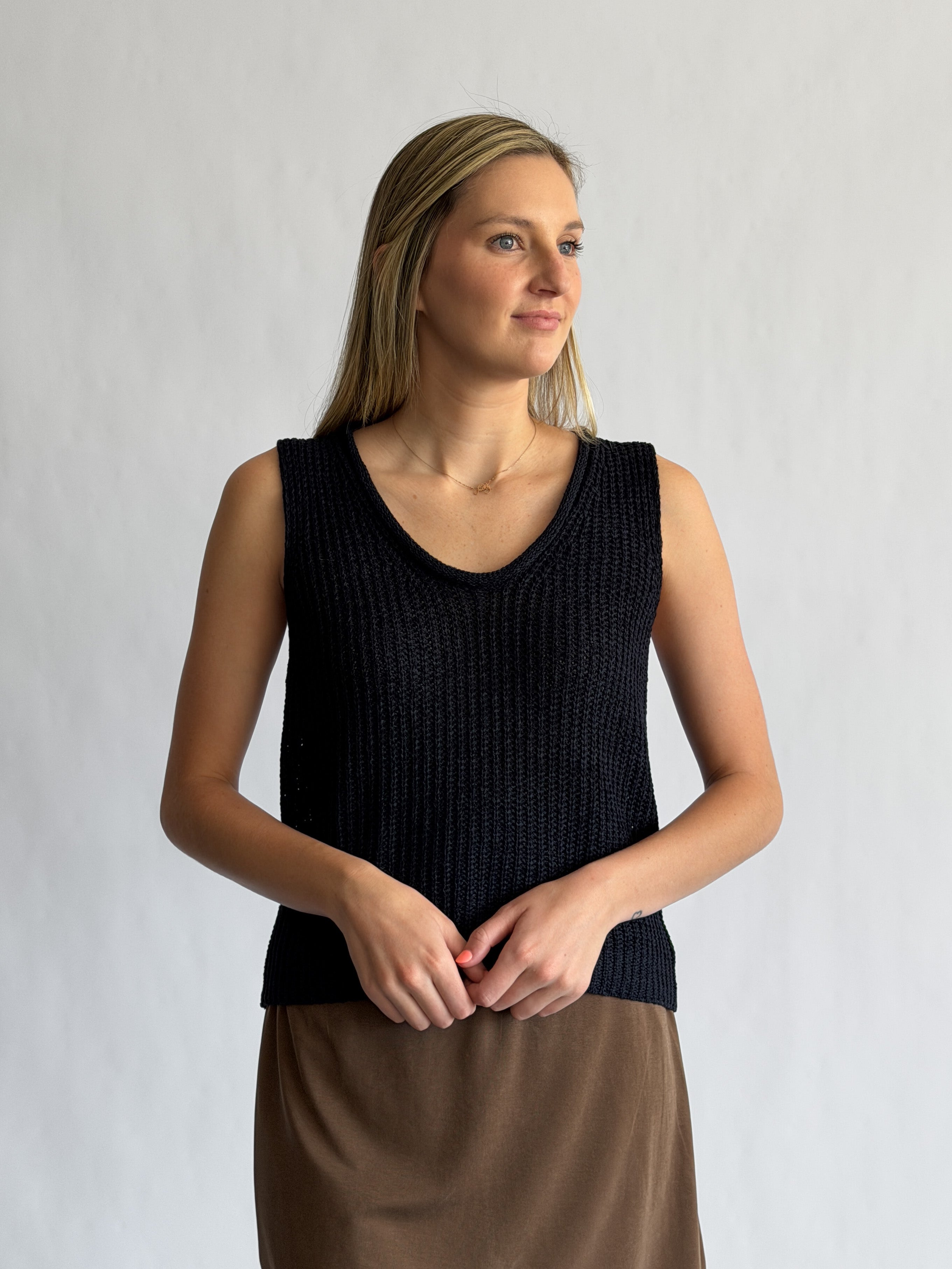 Elle Grey Iris Navy Woven Knit Sleeveless Top