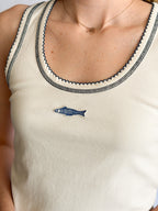 Reese Cream Contrast Stitch Fish Patch Tank Top